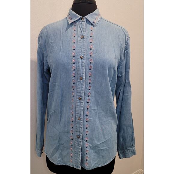 VTG Northern Reflections Chambray Shirt M Blue Embroidered Denim GUC - Picture 1 of 11